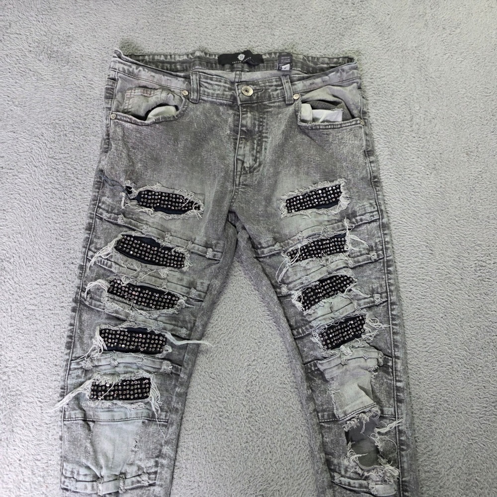 Focus Jeans Mens 34x32 Distressed Moto Jeans Grey Acid Wash Rhinestone Streetwer
